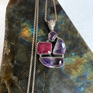 Sterling Silver 925 Chunky Multi Gemstone Amethyst & Ruby Pendant Necklace 18"